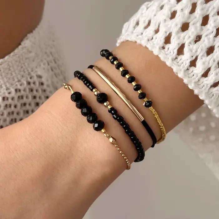 Bracelet de perles de cristal noir fait à la main pour femmes