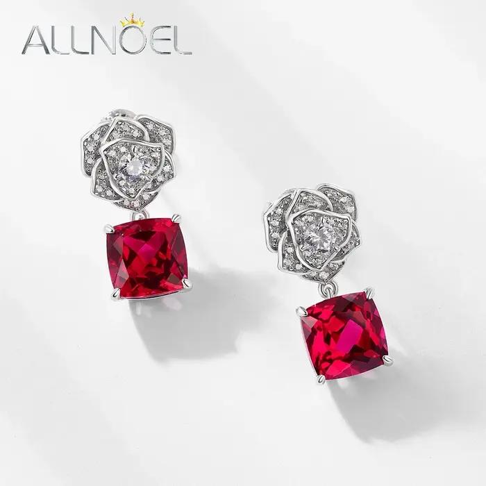 ALLNOEL 925 argent Rose fleur laboratoire rubis boucles d'oreilles pour femme