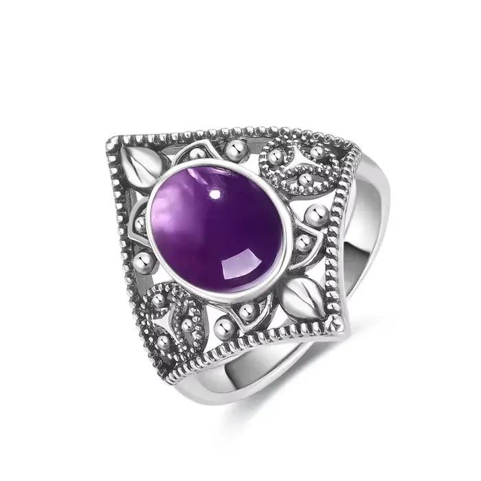 Bague Vintage en argent Sterling S925, ovale, ronde, améthyste naturelle, en forme de soleil et de fleur, bijoux fins rétro pour femmes et hommes