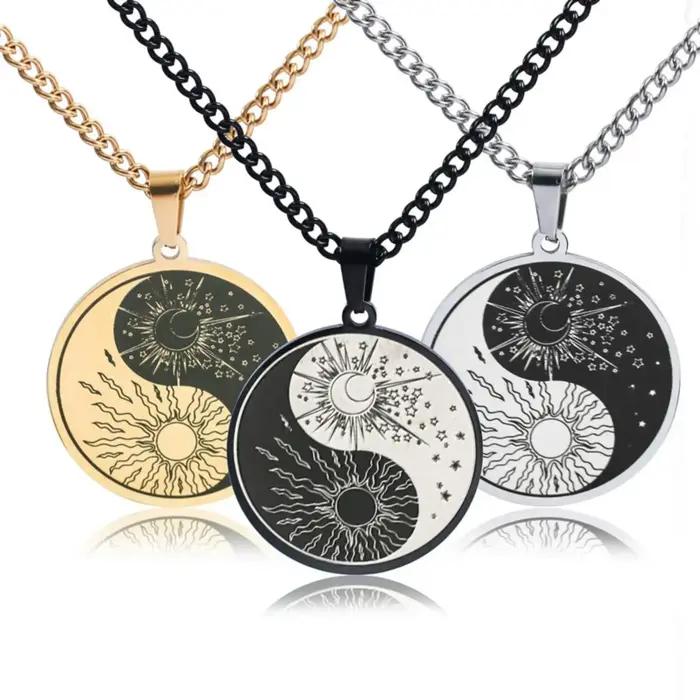 Collier pendentif soleil et lune Yin Yang Tai Chi pour femmes et hommes