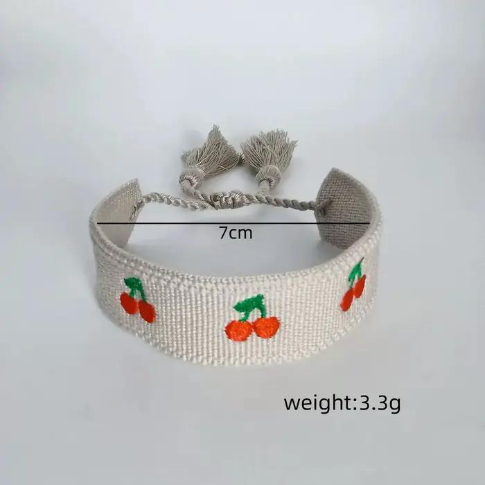 Bracelet bohème brodé en ruban à motif cerise pour femmes