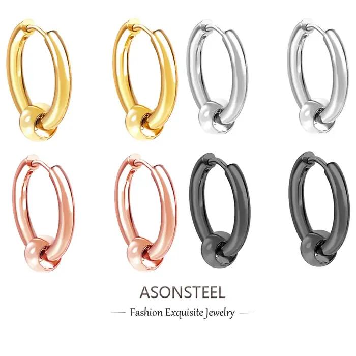 ASONSTEEL classique rond perlé cerceau boucle d'oreille en acier inoxydable or Rose noir mode Hiphop cercle