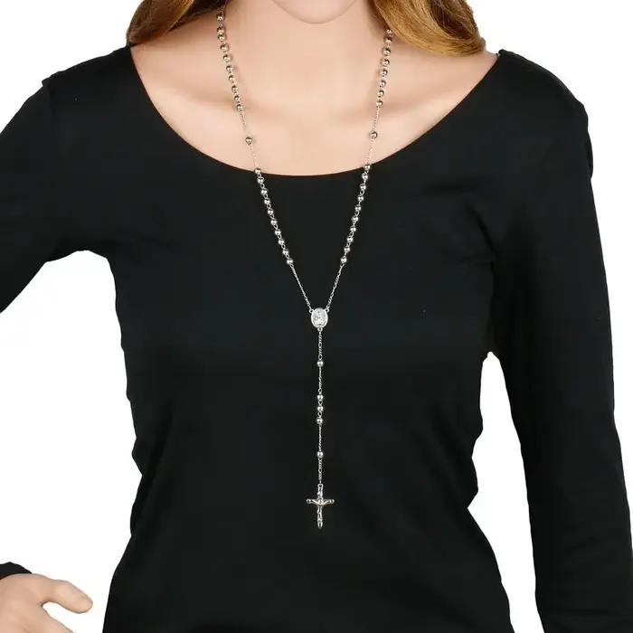 Chapelet catholique pendentif colliers pour femmes 6MM perles chaîne Crucifix croix Long collier hommes religieux Praye bijoux