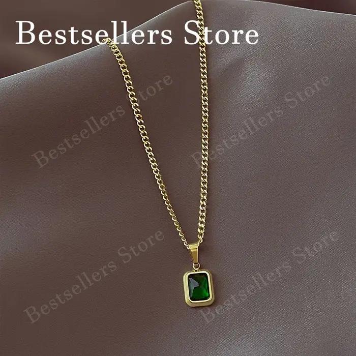 Collier à breloques en argent sterling 925 de 18 pouces avec émeraude et zircon – Bijou élégant