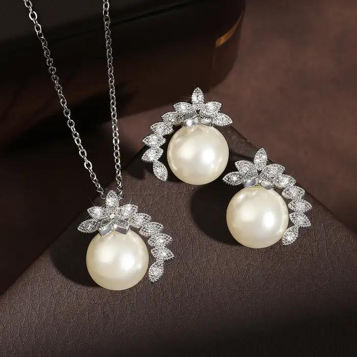 ZAKOL brillant rond imitation perle collier boucles d'oreilles ensemble pour les femmes mode cubique zircone mariage bijoux accessoires
