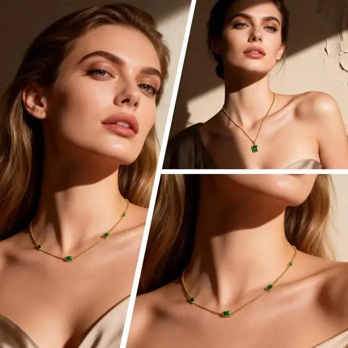 Collier pendentif zircon vert rétro pour femme luxe occasion spéciale cadeau anniversaire style moderne acier inoxydable plaqué or zirconium personnalisable