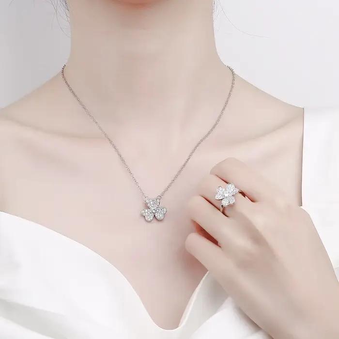 925 femmes ensemble de bijoux mode AAA brillant Zircon fleur collier bague boucle d'oreille dame trèfle