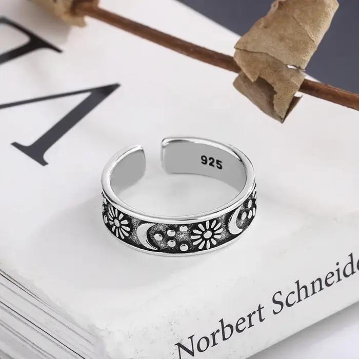 Bagues soleil et lune en argent Sterling 925 pour femmes, accessoires de bijoux rétro de luxe, vente
