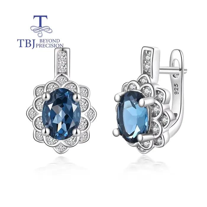 Boucles d'oreilles TBJ en topaze bleue naturelle de Londres, argent sterling 925, design classique, bijoux fins, cadeau pour femmes