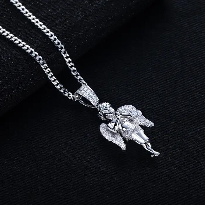 Moissanite glacé ange béni pendentif Bling Hip Hop collier 925 en argent Sterling hommes mode Punk Rock bijoux