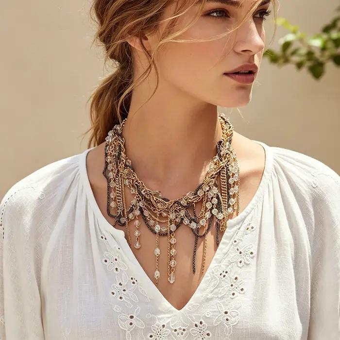 Colliers vintage bohèmes ZAA avec pampilles en cristal pour femmes