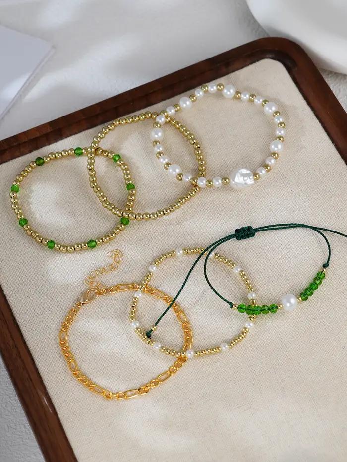 Lot de 6 bracelets bohèmes verts en perles d'imitation de cristal