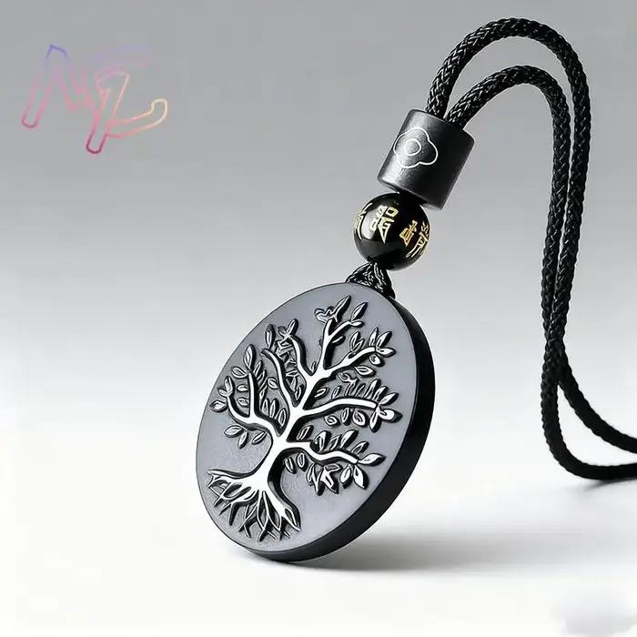 Collier Pendentif Arbre de Vie en Obsidienne Naturelle Vintage pour Femme Occasions Spéciales Bijou de Style Classique
