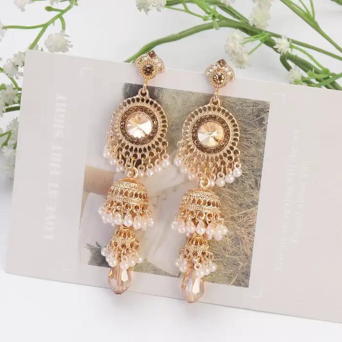 Boucles d'oreilles ethniques de luxe pour femmes, couleur or, Jhumka, Vintage, rondes, longues, pendantes, bijoux de mariage, 2023