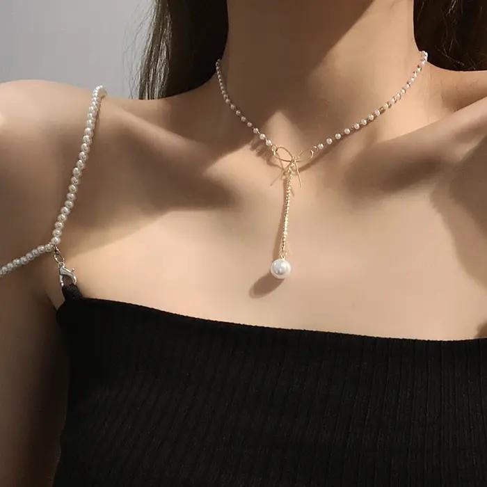 Collier de perles coréennes semi-rondes élégant avec chaîne en maillons pour femmes occasions spéciales bohème