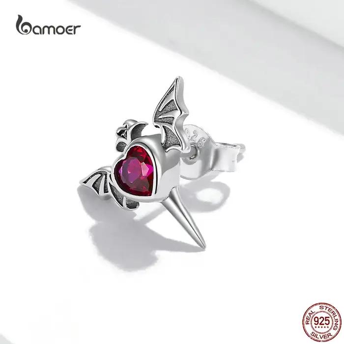 Bamoer – boucles d'oreilles en argent Sterling 925 avec ailes de chauve-souris et cœur rouge pour femmes