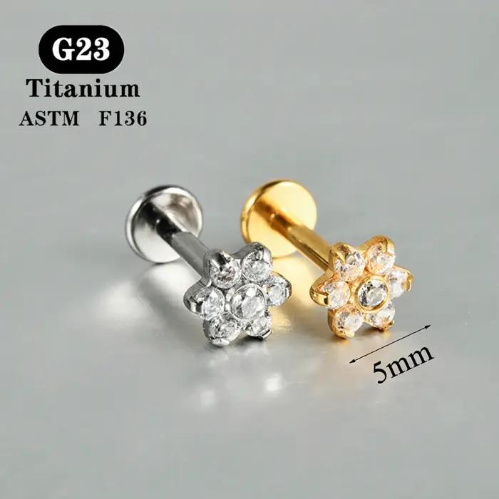 1 PC ASTM F136 titane Zircon dos plat boucle d'oreille fleur clous