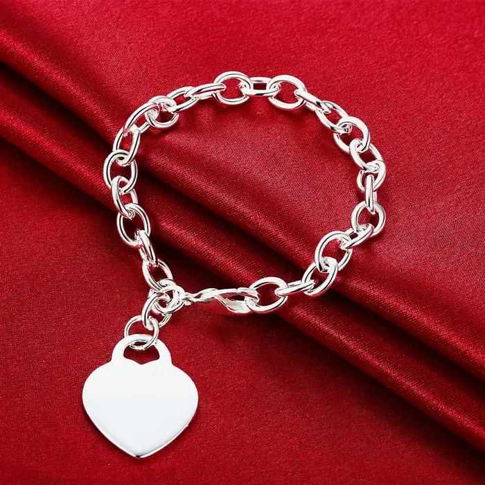 Bracelet en argent Sterling 925 pour hommes et femmes, 8 pouces, Simple, cœur, breloque, mode, bijou