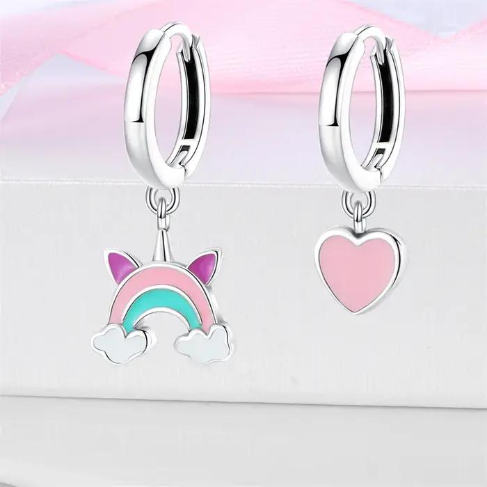 Boucles d'oreilles licorne arc-en-ciel en argent 925 pour femmes, pierres précieuses scintillantes, bijoux romantiques et mignons, occasions spéciales, anniversaires, fiançailles