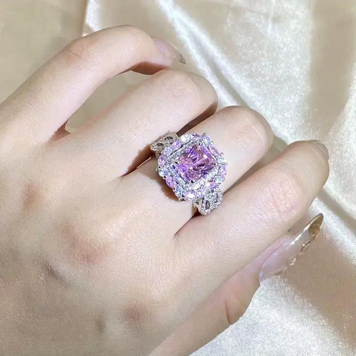 Bague carrée en Zircon rose scintillant pour femme
