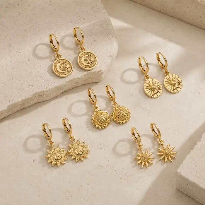 Boucles d'oreilles créoles rondes Soleil et Lune, Série Étoiles, Fleurs, Œil de Dieu, Simples, Quotidiennes, Cadeau de Fête, Nouveauté, Délicates, Bijoux pour Femme