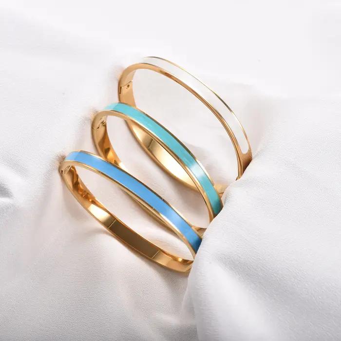 Bracelet jonc tendance en émail coloré pour femme, en acier inoxydable plaqué or, étanche et empilable