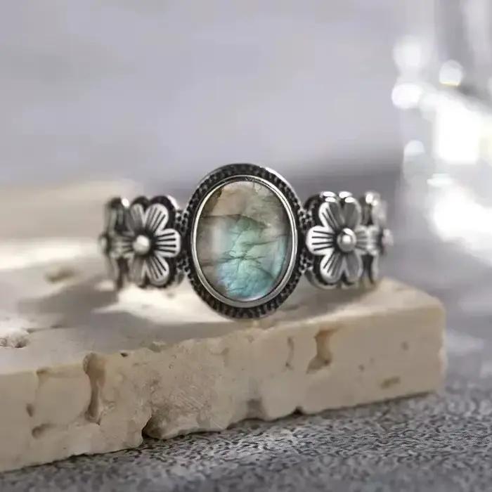 Bague Vintage en argent Sterling S925 avec fleur de Rose, ovale, pierre de lune naturelle, douce, bijoux fins pour femmes, 8x10mm