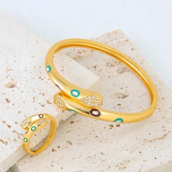 Ensemble de bracelets plaqués or saoudien de luxe pour femmes, bijoux de fête rigour, bague de manch
