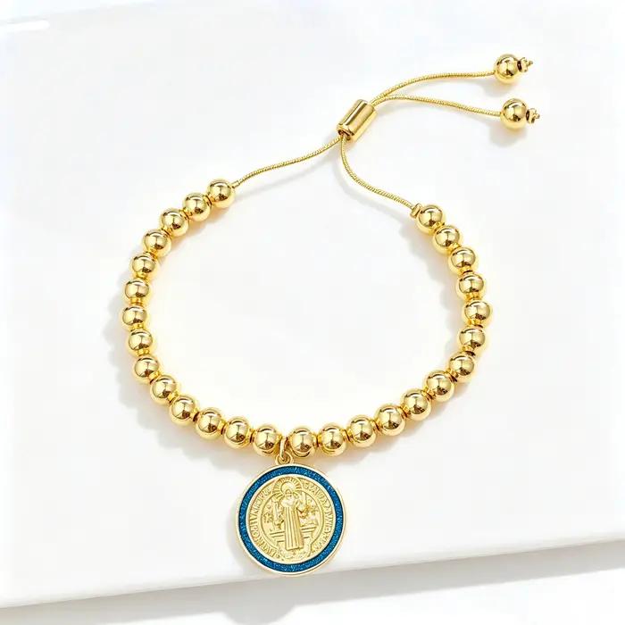 Nouvel Arrivage Bracelet de perles en cuivre avec médaille ronde Saint Benoît en émail