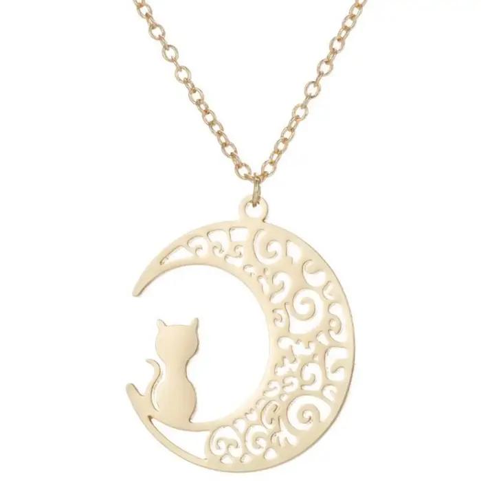 Collier pendentif chat lune pour femmes et filles