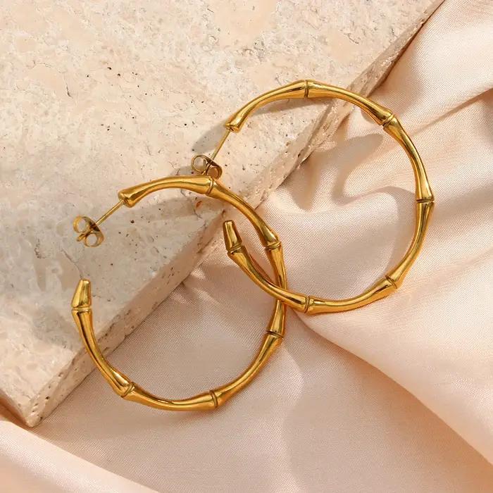 E.B.belle minimaliste basique mince bambou grandes boucles d'oreilles en or pour femmes en acier inoxydable plaqué or étanche femme grand cerceau