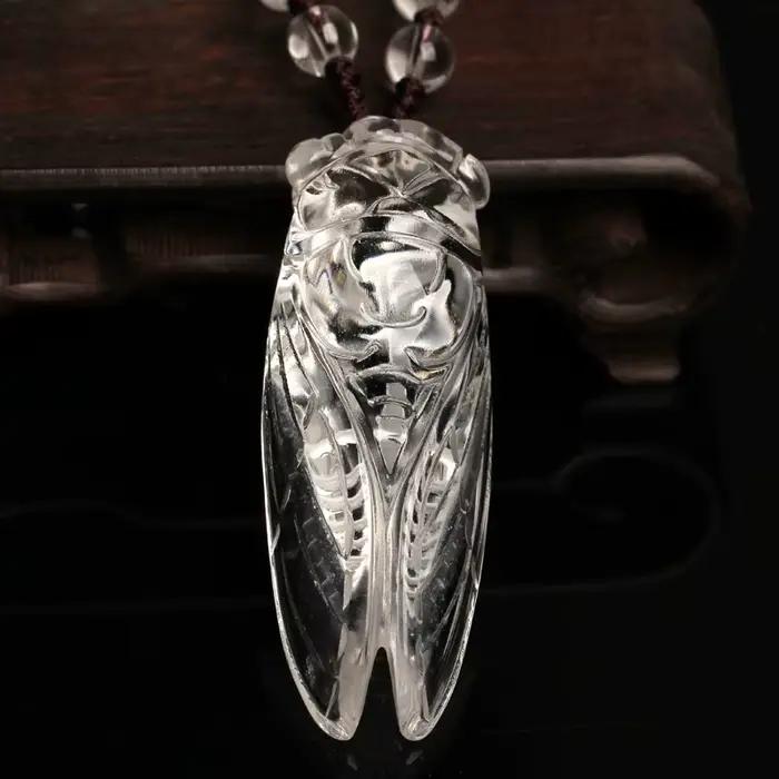 Collier pendentif cigale en cristal blanc naturel sculpté à la main, bijoux de boutique de mode, con