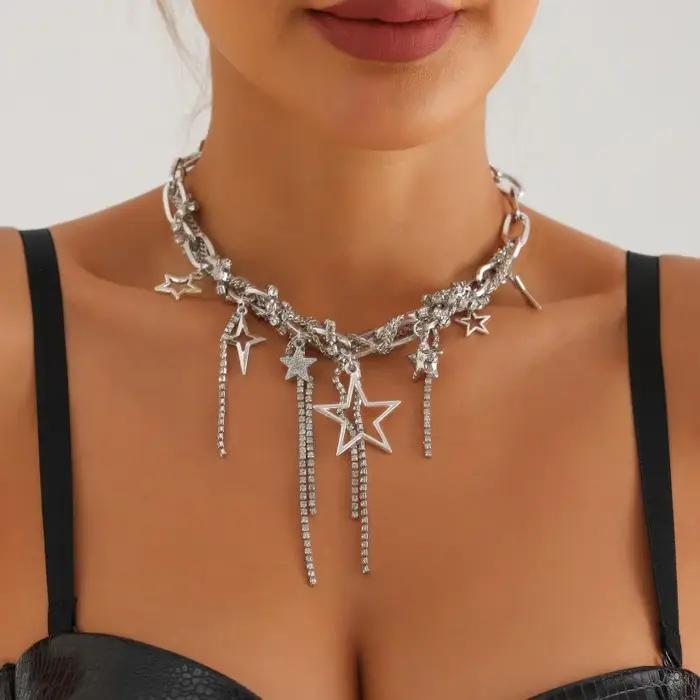 Multicouche Vintage étoile strass gland lien pendentif collier ras du cou créatif grande chaîne fête Club bijoux 2025 nouveau Design