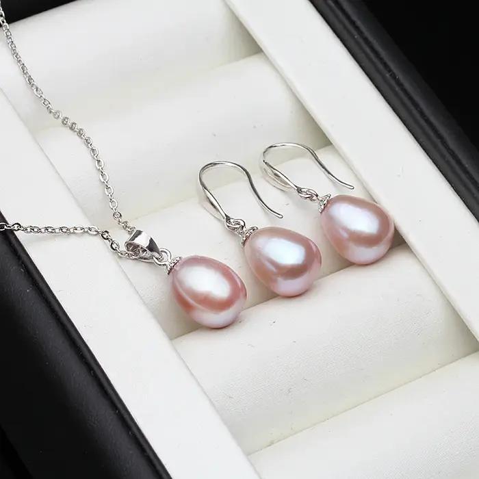 Ensemble de bijoux en perles d'eau douce naturelles en argent 925 pour femmes, collier et boucles d'oreilles pour mariage et occasions spéciales