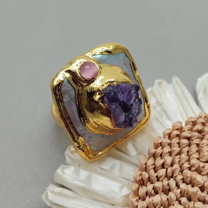 Y.YING – bague brute Druzy avec perles carrées blanches de culture