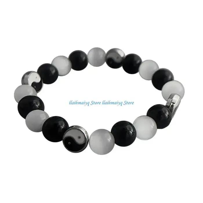 573b Naturel Stone Amitié Yin Yang Bracelet Black Agate Crystal