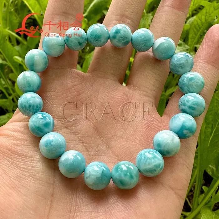 Bracelet en Larimar naturel en forme de boule de 10mm pour femmes et hommes bijou fin pierres précieuses blanches et bleues occasions spéciales