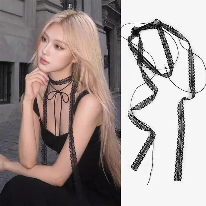 Collier en dentelle noir et blanc double couche style bohème pour femmes et filles