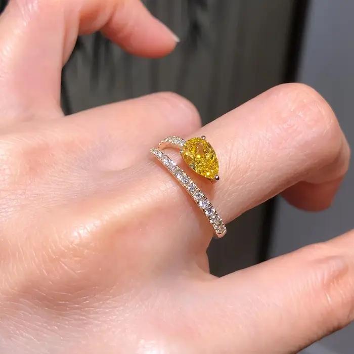 Bague en zircon jaune brillant forme goutte d'eau ajustable haute qualité pour femmes occasions engagement quotidien