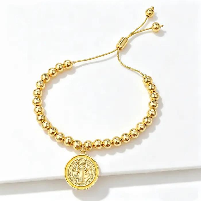 Nouvel Arrivage Bracelet de perles en cuivre avec médaille ronde Saint Benoît en émail