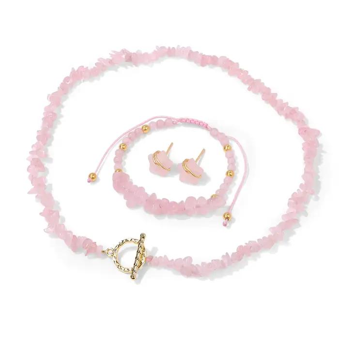 Ensemble de bijoux en quartz rose irrégulier Pierre naturelle Crystal Chip Beads Collier Star Ear Studs Boucles d'oreilles Bracelets pour femmes Fille