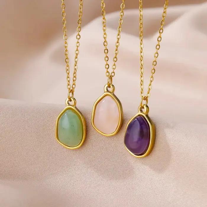Collier ovale en pierre colorée en acier inoxydable or style classique tracker d'humeur pour femmes occasions spéciales anniversaire
