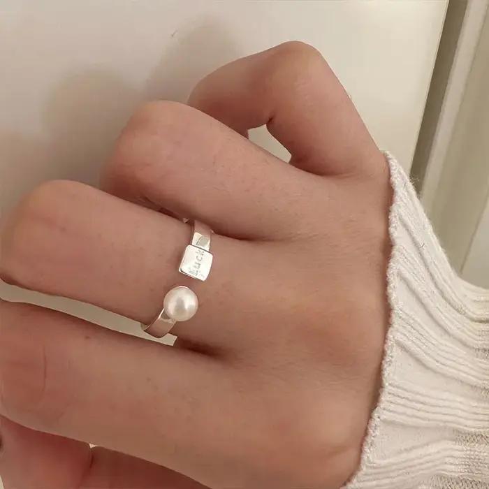 Bagues en argent Sterling 925 avec lettres géométriques en perles pour femmes et hommes