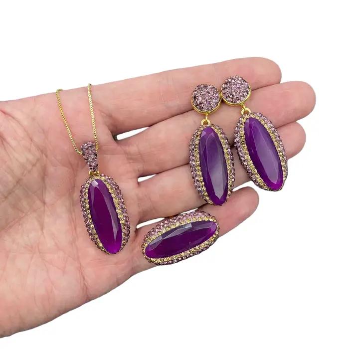 Ensemble de bijoux vintage en jade malais violet plaqué or pour femmes, coquille, strass, collier, boucles d'oreilles, bague, mariage, fête, cadeau anniversaire