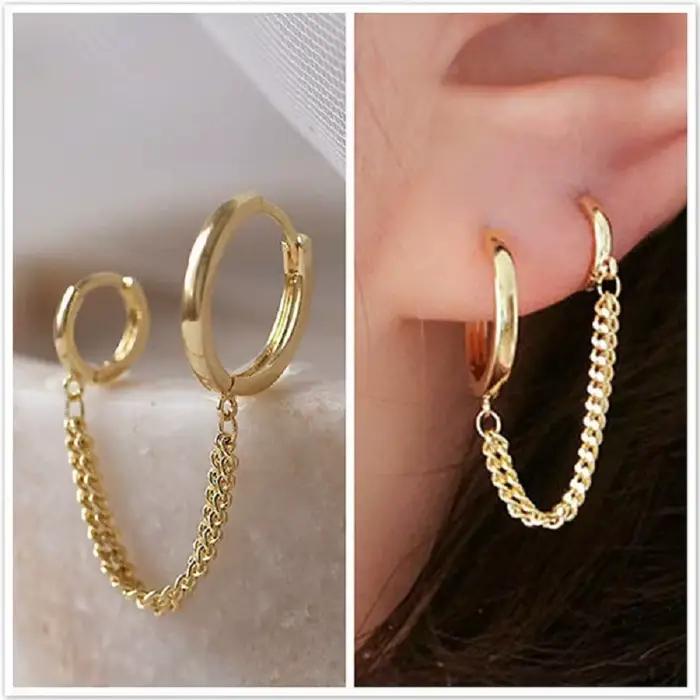 Boucles d'oreilles en argent Sterling 925 pour femmes, 1 pièce, Piercing à deux trous, cristal brillant, Zircon, 2 couleurs métalliques, chaîne, bijoux de fête