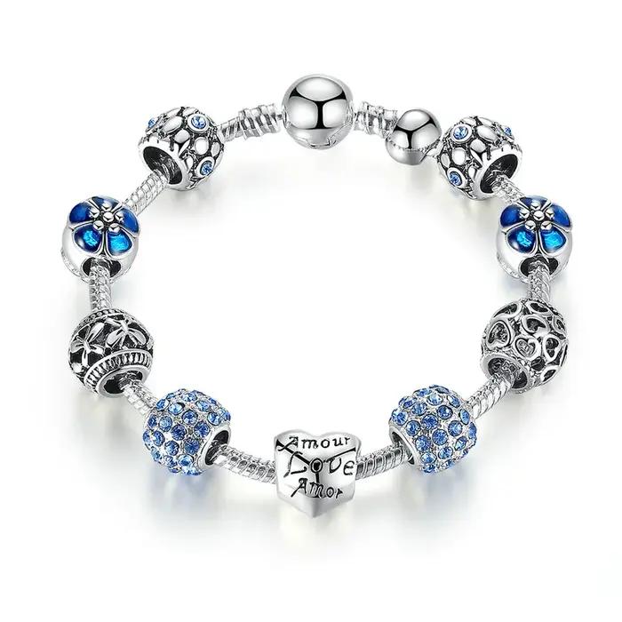 BAMOER – Bracelet à breloques plaqué argent avec perles d'amour et de fleurs