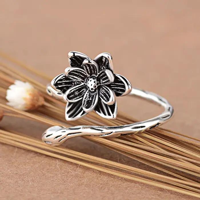 Bague bohème en argent sterling 925 sertie de fleur de lotus antique pour femmes, cadeau pour occasions spéciales et événements festifs