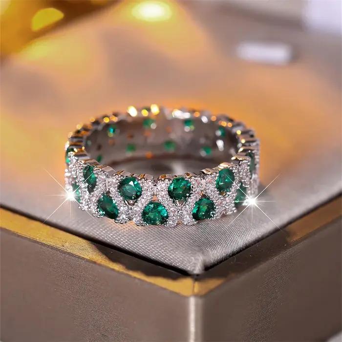 Bague de fiançailles en pierre ronde en cristal vert pour femmes, bague de mariage en Zircon Rose rouge, tendance, couleur argent, bijoux de fête de mariée