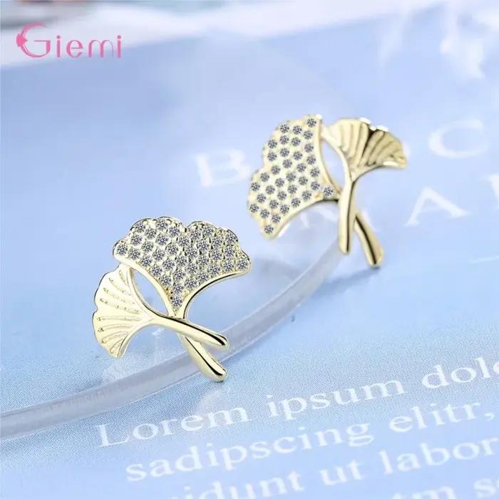 Boucles d'oreilles en forme de feuille de Ginkgo en argent Sterling 925 pour femmes avec zirconium bijoux fins occasions spéciales