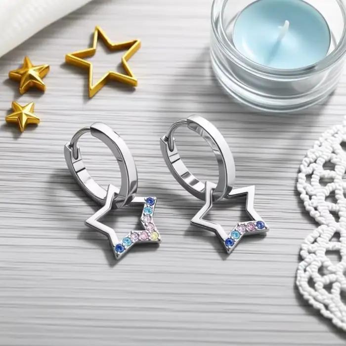 Boucles d'oreilles pendantes en argent sterling 925 avec étoiles et zircon cubique arc-en-ciel pour